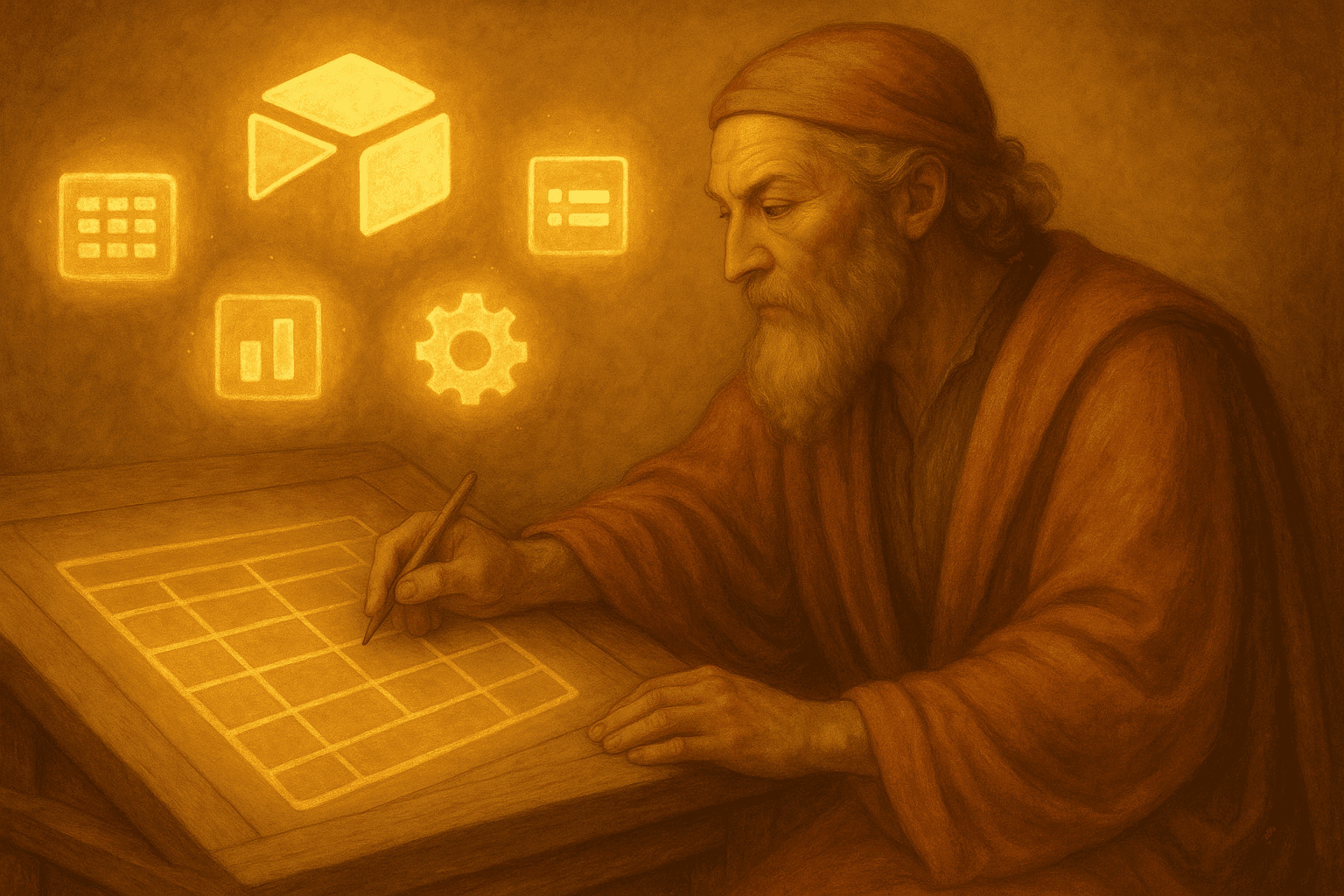 Renaissance-style painting of a thoughtful architect sketching a system interface, with glowing Airtable icons representing project management, reporting, and automation